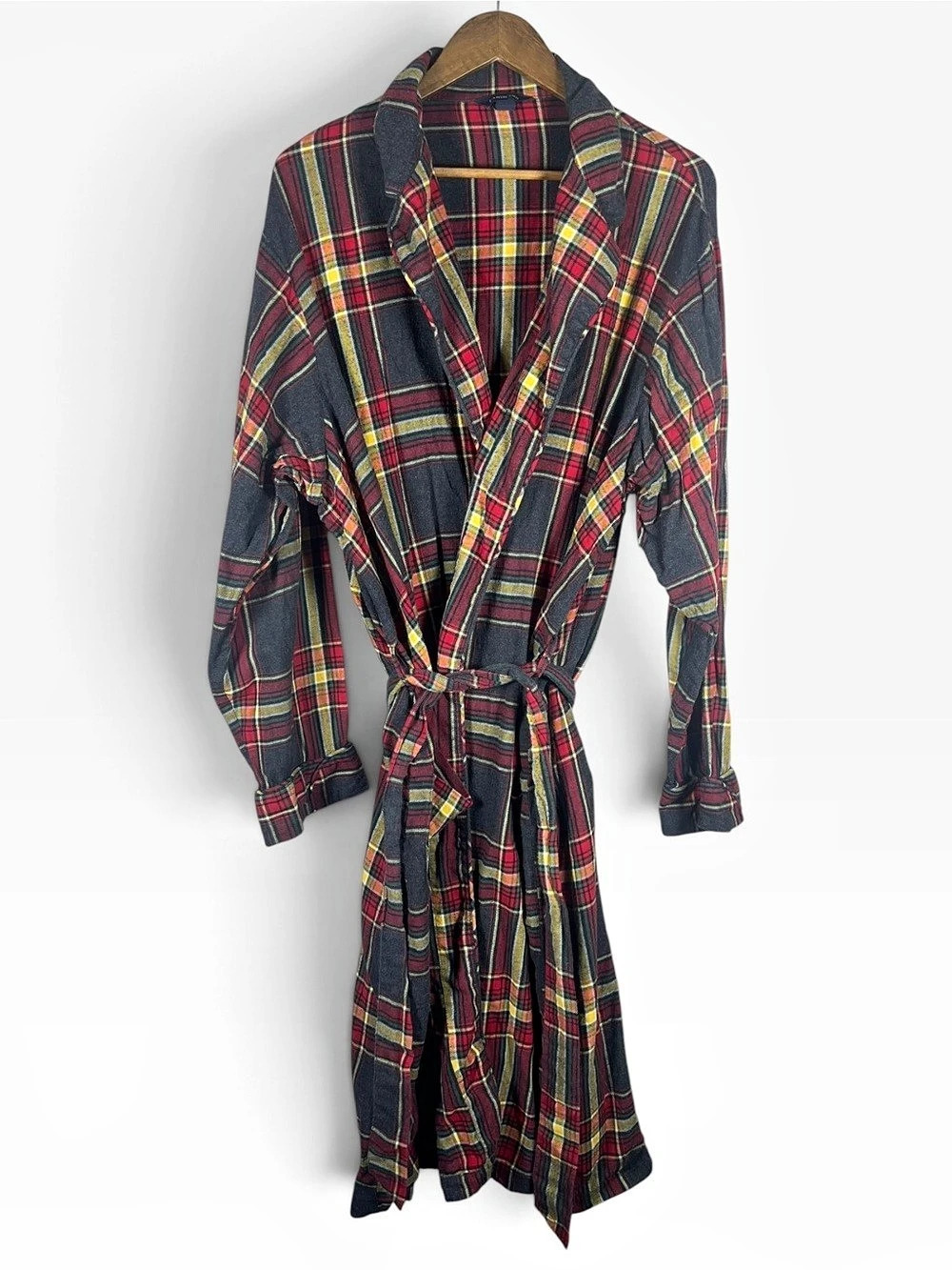 Lands End Men Robe Plaid XL Flannel Tartan Belted Long Loungewear Preppy Classic